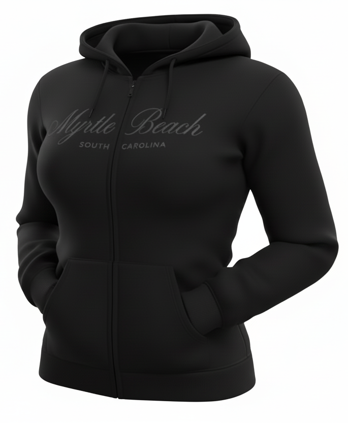 Black Scuba Full Zipper Hoodie Embroidery Front ,Myrtle Beach