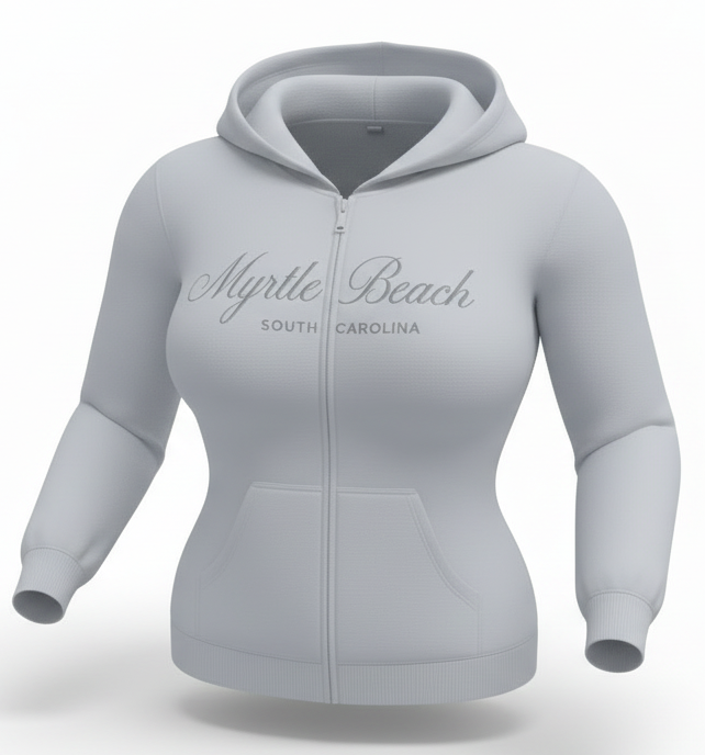 Grey Scuba Full Zipper Hoodie Embroidery Front ,Myrtle Beach