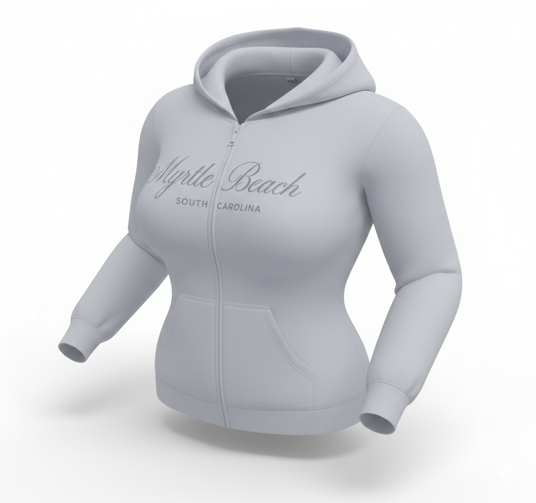 Grey Scuba Full Zipper Hoodie Embroidery Front ,Myrtle Beach