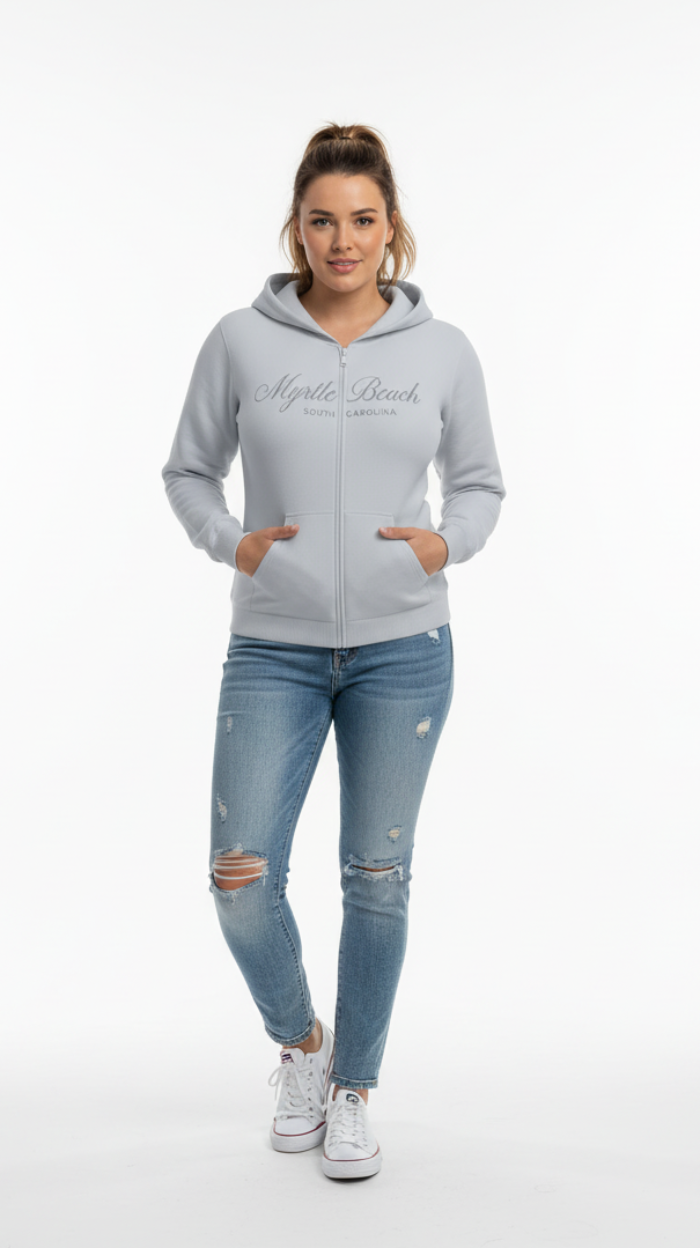 Grey Scuba Full Zipper Hoodie Embroidery Front ,Myrtle Beach