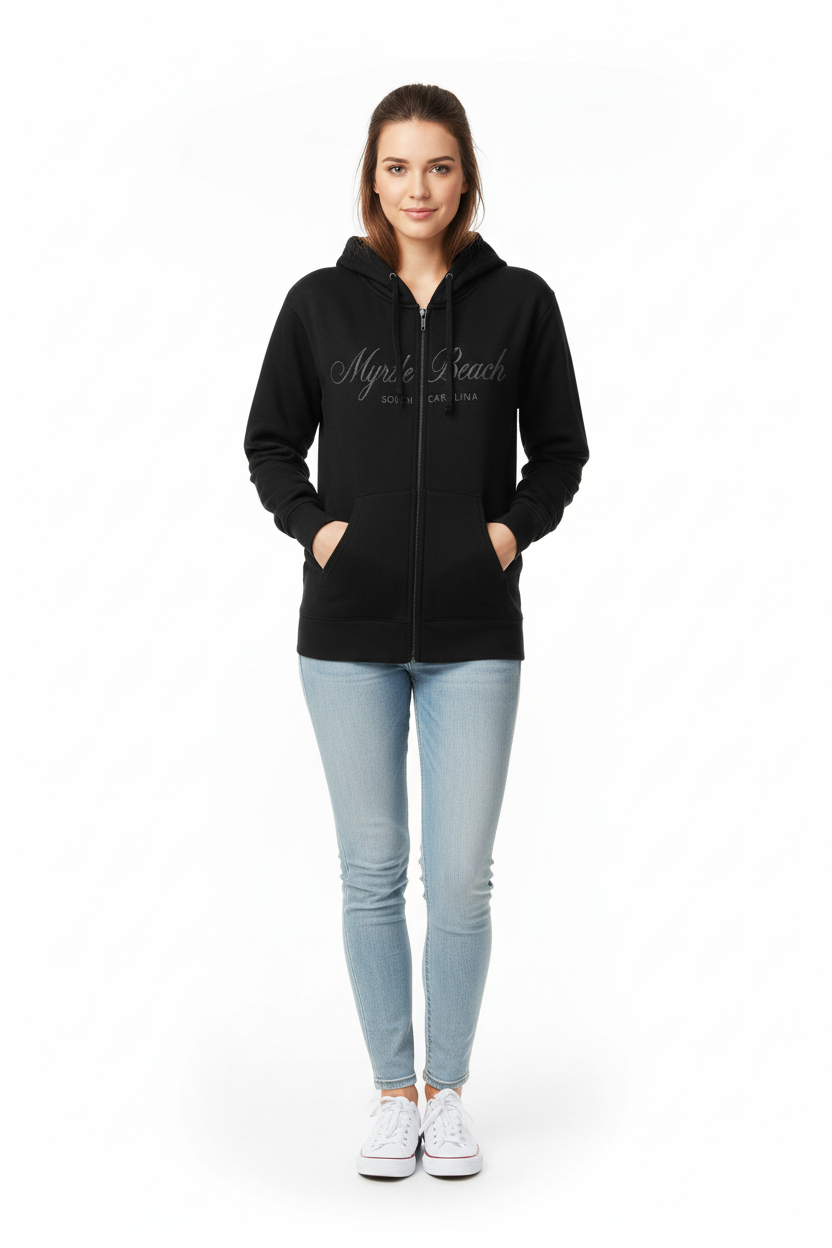 Black Scuba Full Zipper Hoodie Embroidery Front ,Myrtle Beach