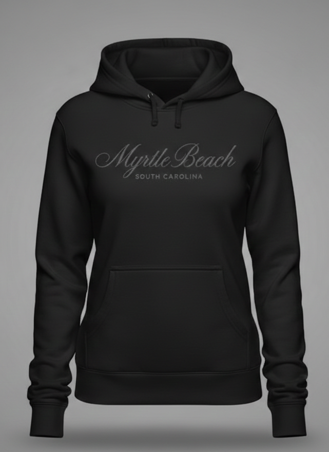 Black Scuba Hoodie Embroidery Tone On Tone Front ,Myrtle Beach