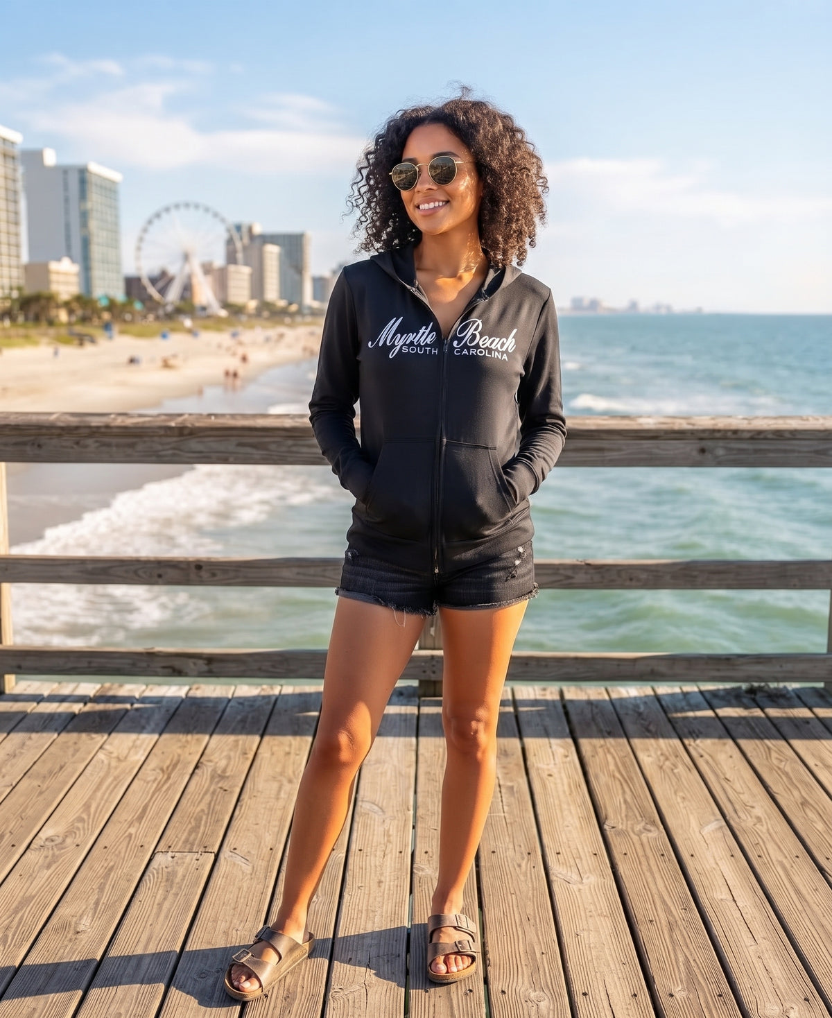 Black Scuba Full Zipper Hoodie Embroidery Front ,Myrtle Beach