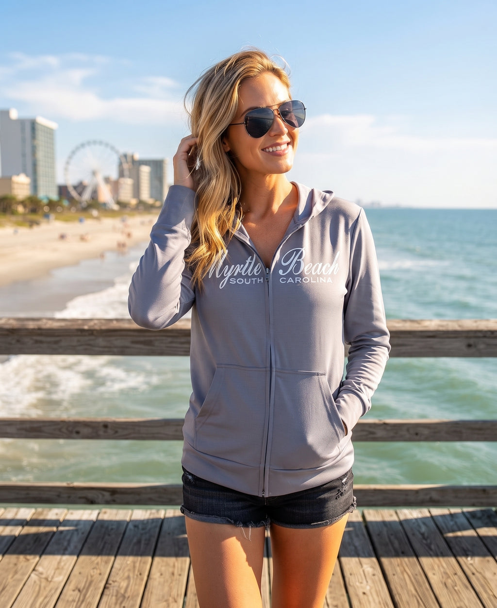 Grey Scuba Full Zipper Hoodie Embroidery Front ,Myrtle Beach