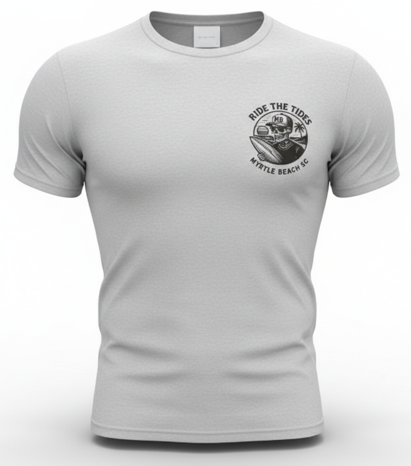 Light Grey Printed T-Shirt Myrtle Beach ,Skull W/Surfboard