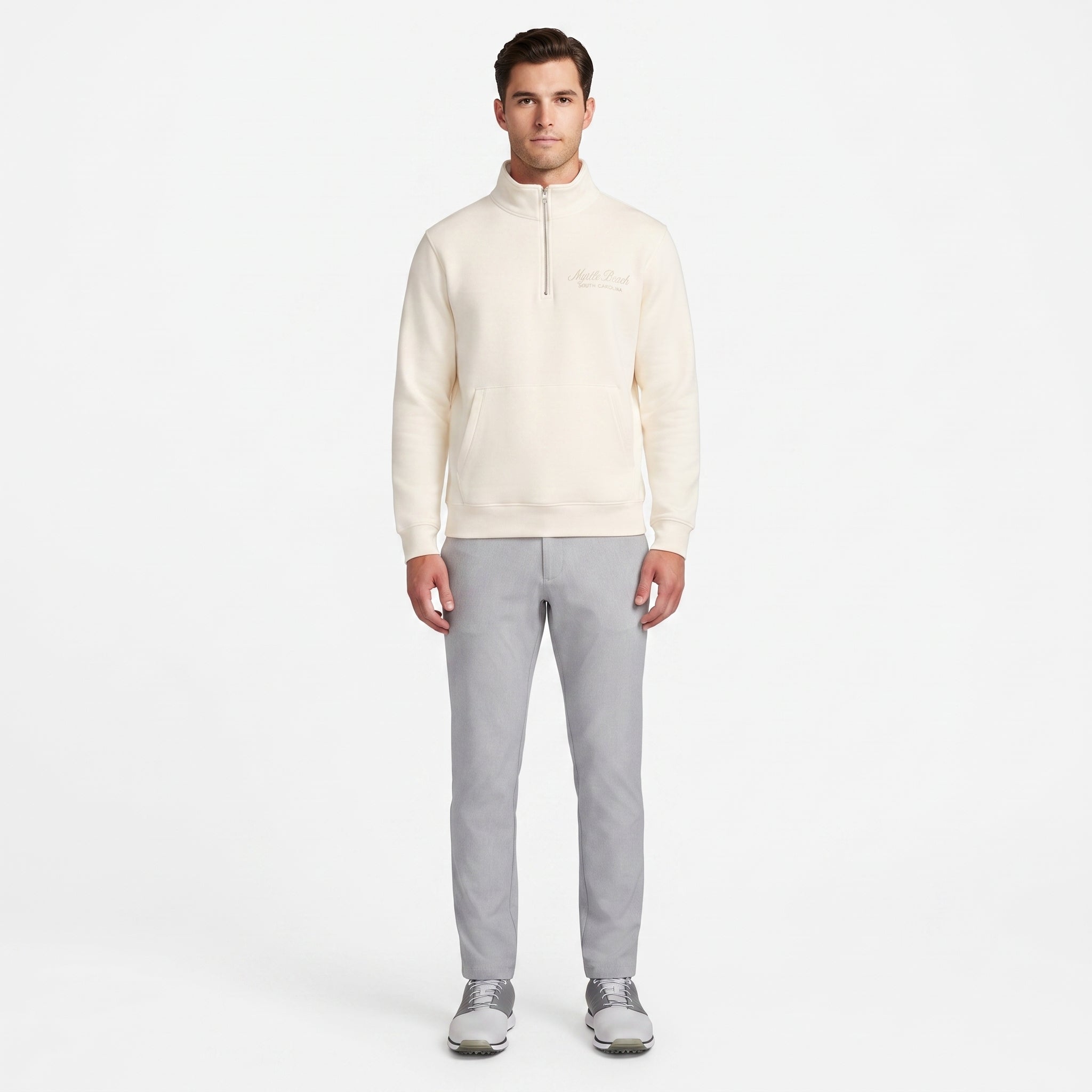 Cream Premium Qtr Zipper Crewneck Embroidery Front ,Myrtle Beach