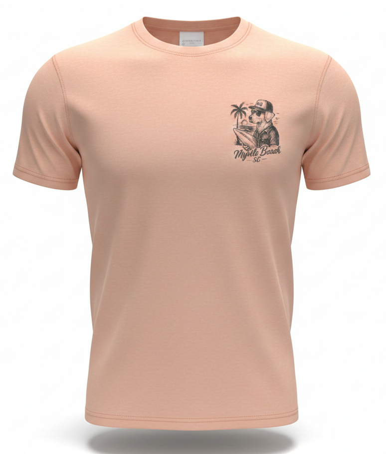 Peach Printed T-Shirt Myrtle Beach ,Dog W/Surfboard