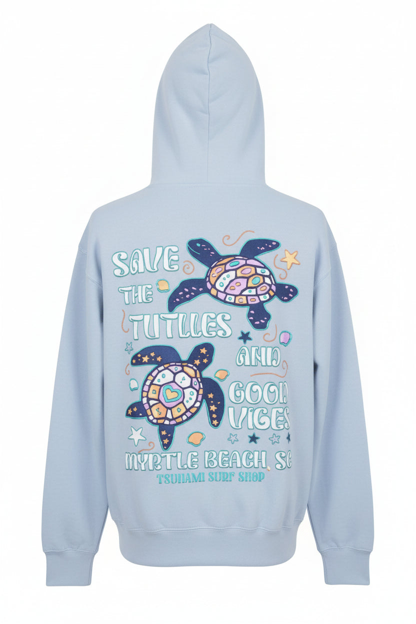 Light Blue Embroidery Pullover Hoodie Full Back Myrtle Beach ,Two Turtles