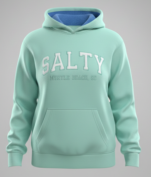 Pastel Green Pullover Hoodie Embroidery Front Myrtle Beach, Salty