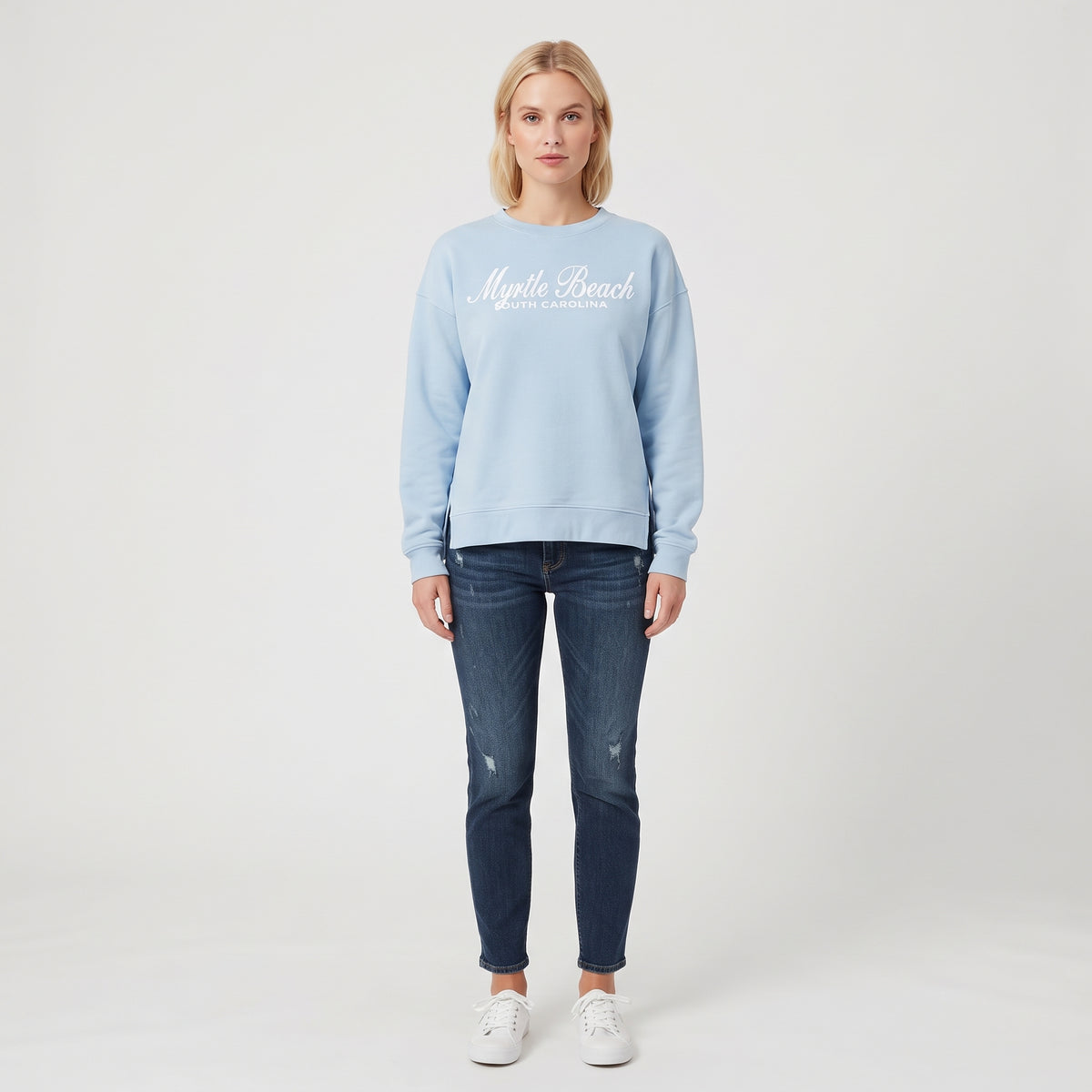 Light Blue Scuba Crewneck High Low W/Split SP Front ,Myrtle Beach