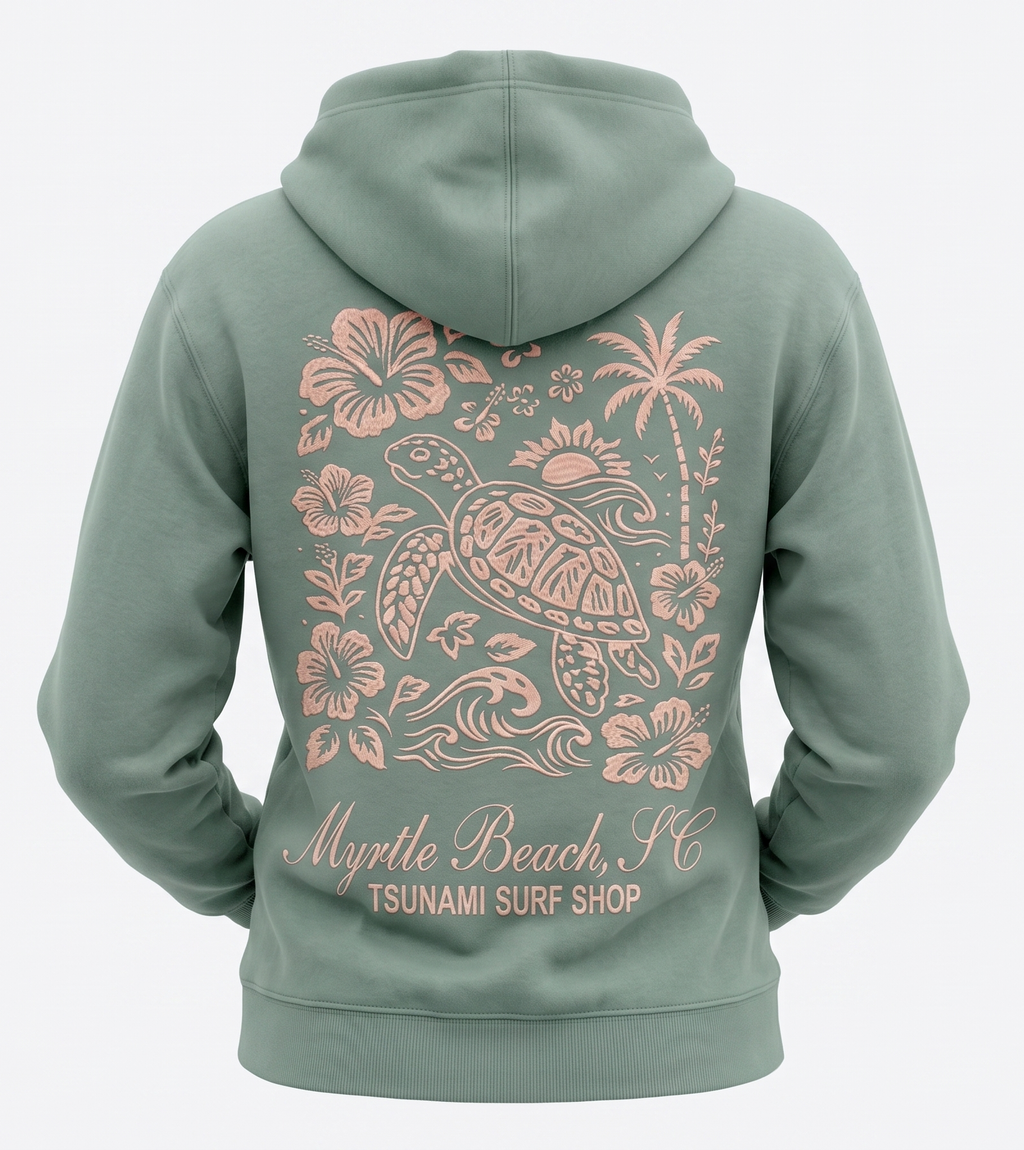 Olive Embroidery Pullover Hoodie Full Back Myrtle Beach ,Turtle