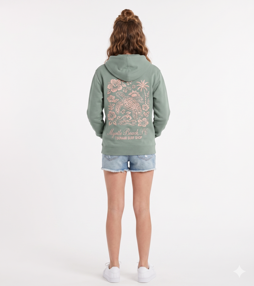 Olive Embroidery Pullover Hoodie Full Back Myrtle Beach ,Turtle