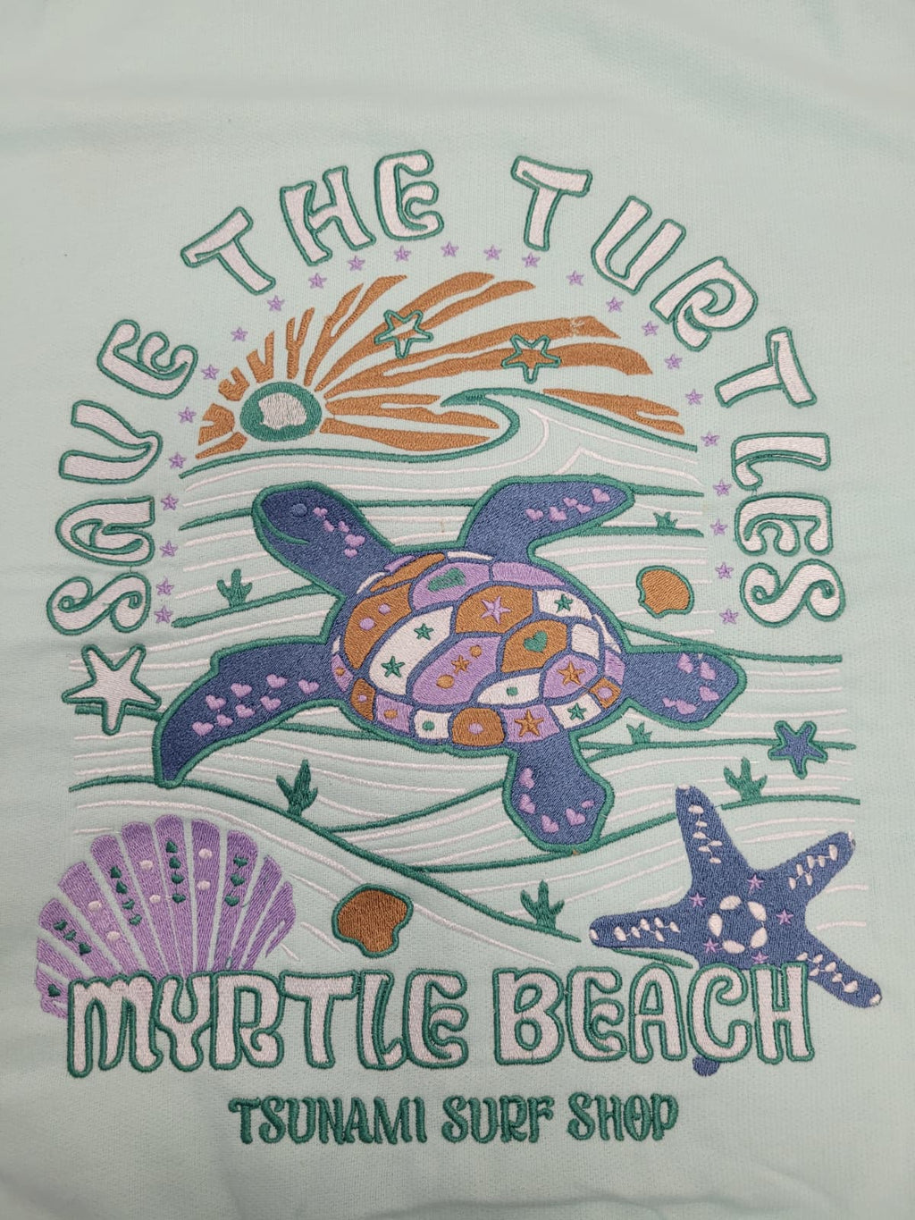 Pastel Green Embroidery Pullover Hoodie Full Back Myrtle Beach ,Turtle