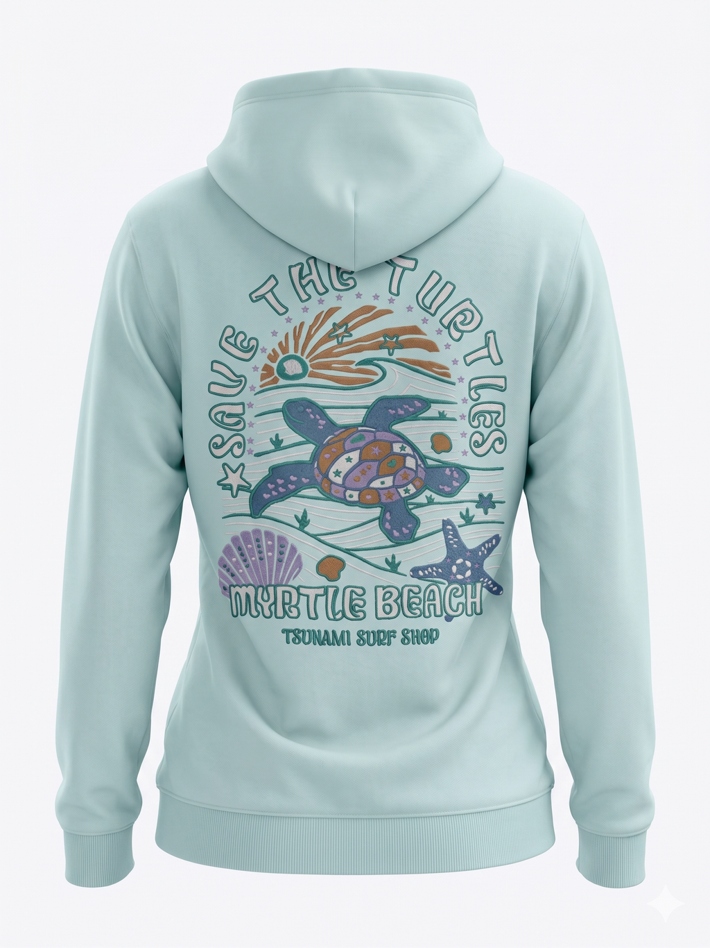 Pastel Green Embroidery Pullover Hoodie Full Back Myrtle Beach ,Turtle