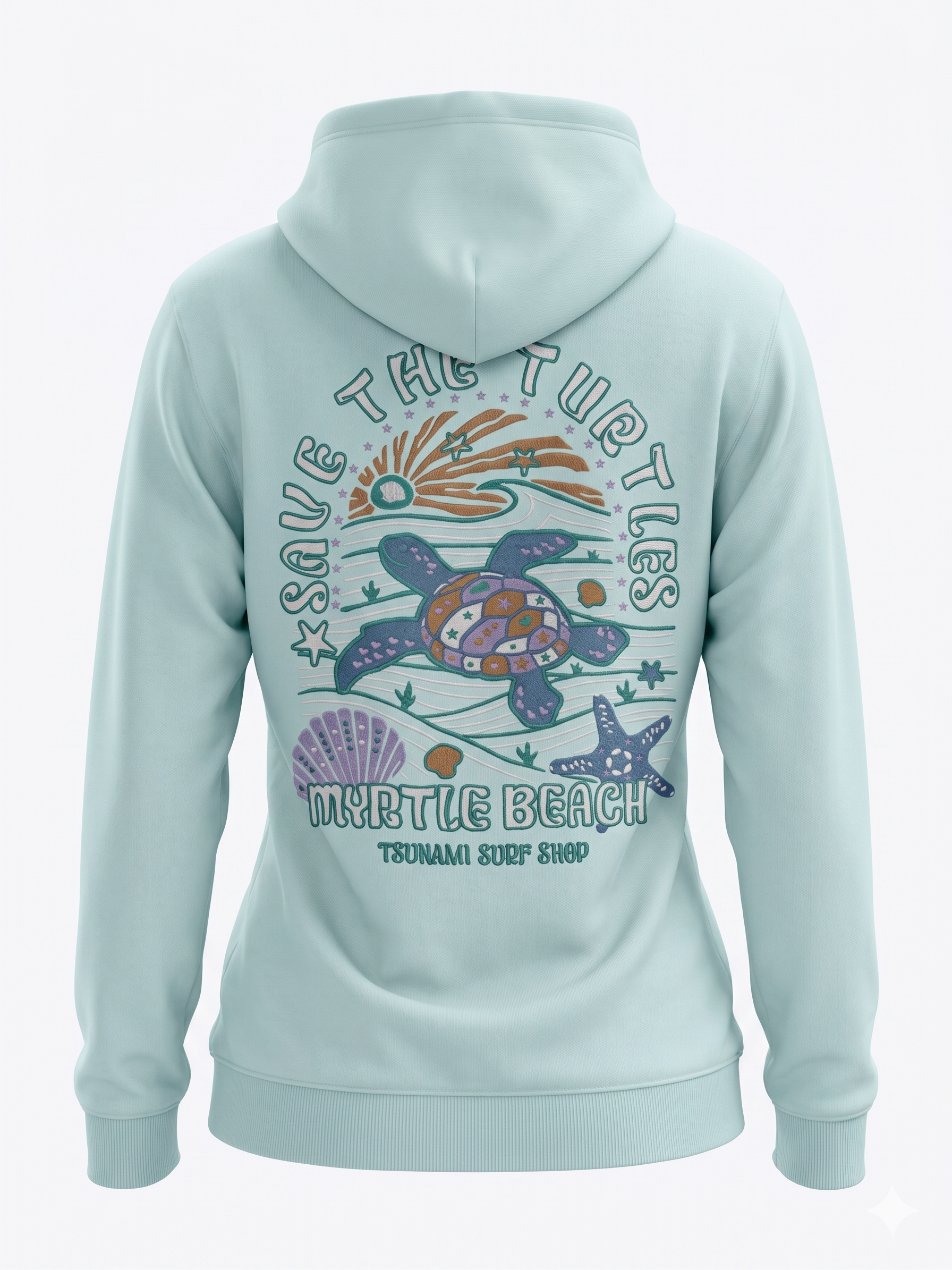 Pastel Green Embroidery Pullover Hoodie Full Back Myrtle Beach ,Turtle