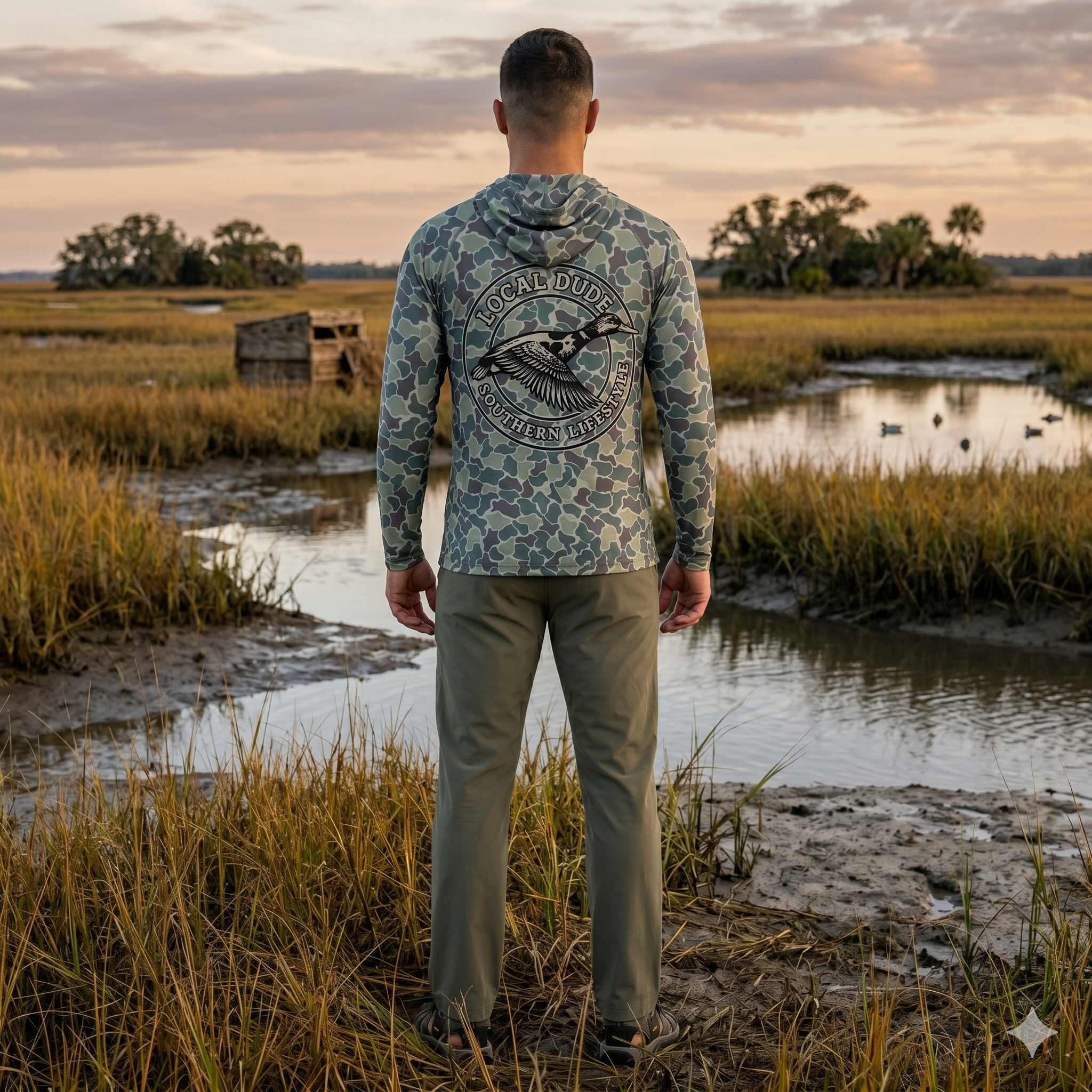 Preformance Camo Green Hoodie Long Sleeve Printed, Myrtle beach- Duck
