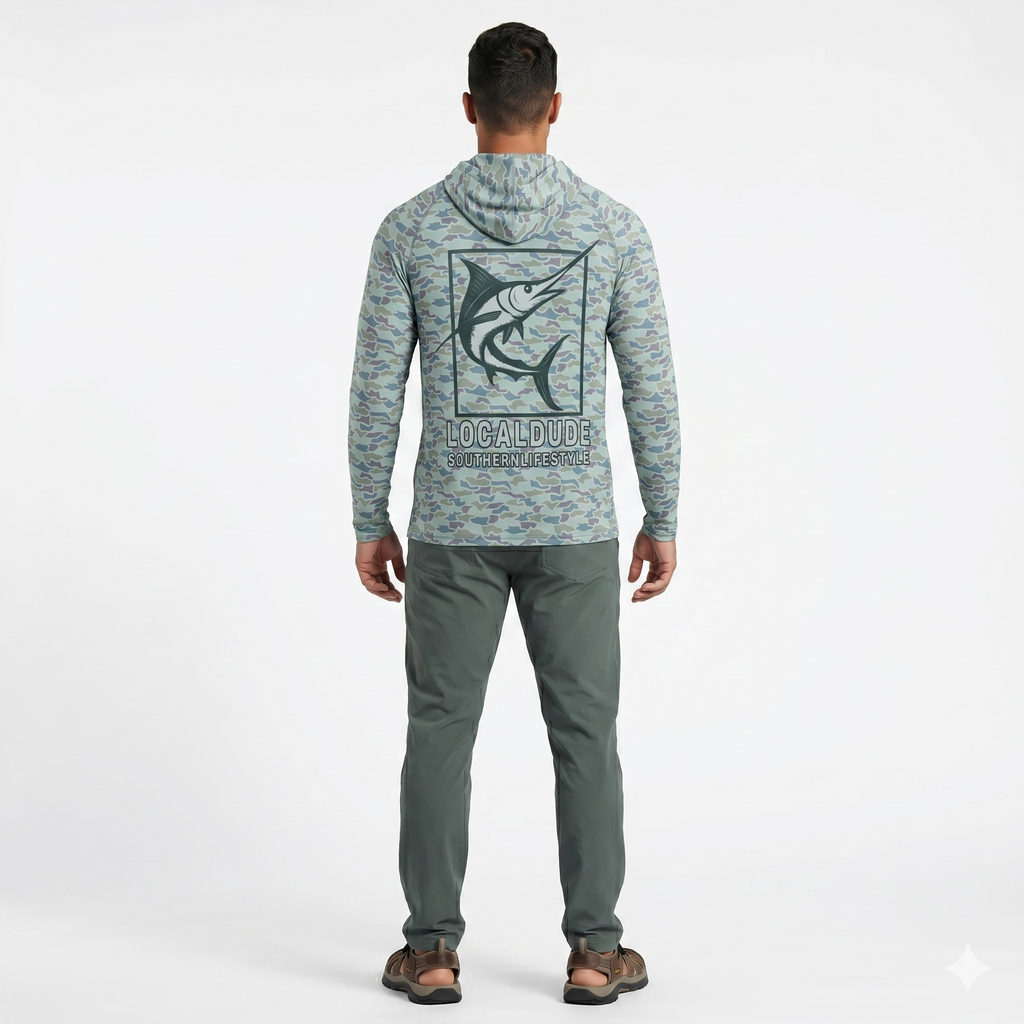 Preformance Camo Blue Hoodie Long Sleeve Printed, Myrtle beach- Fish