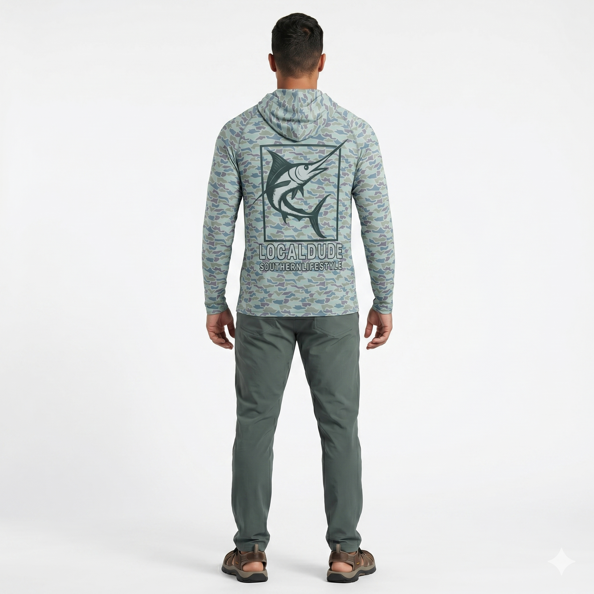 Preformance Camo Blue Hoodie Long Sleeve Printed, Myrtle beach- Fish