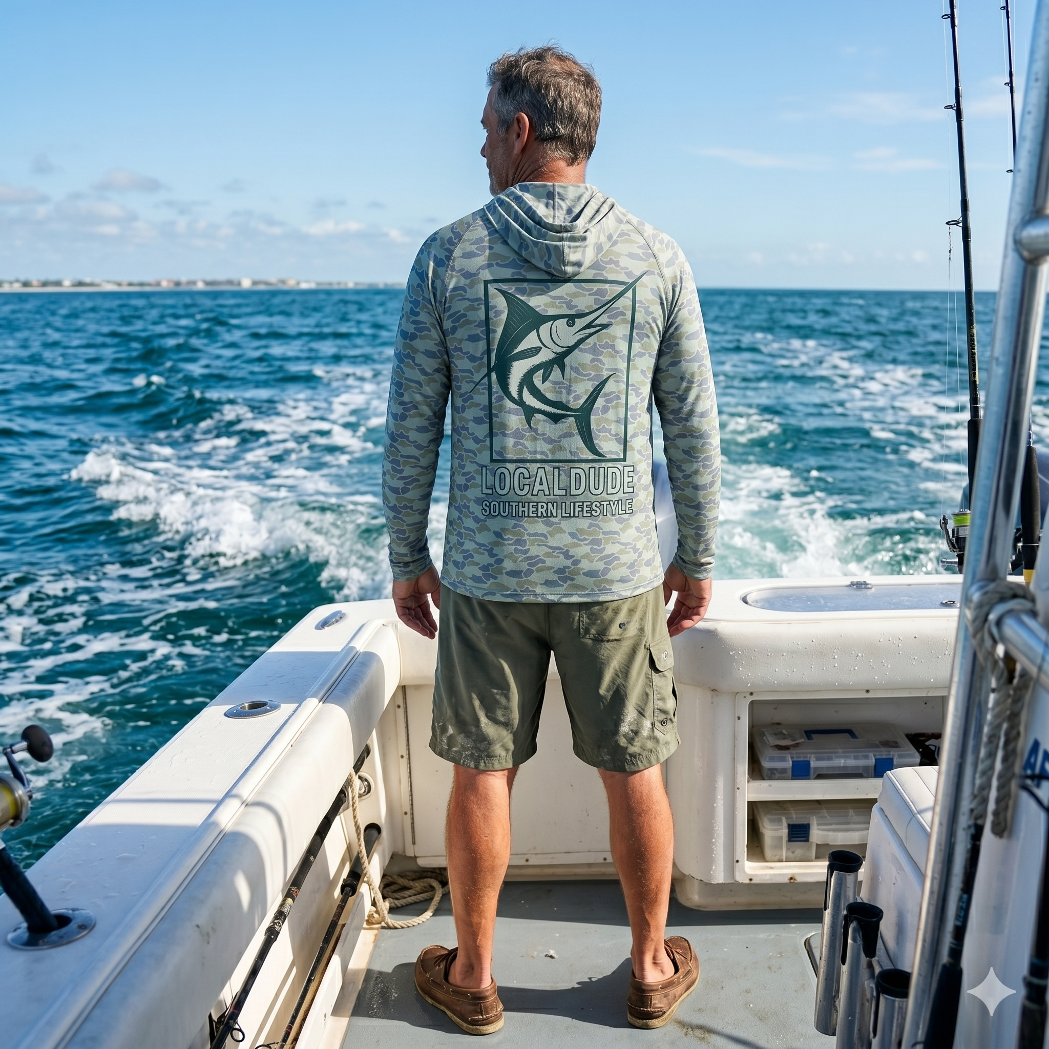 Preformance Camo Blue Hoodie Long Sleeve Printed, Myrtle beach- Fish