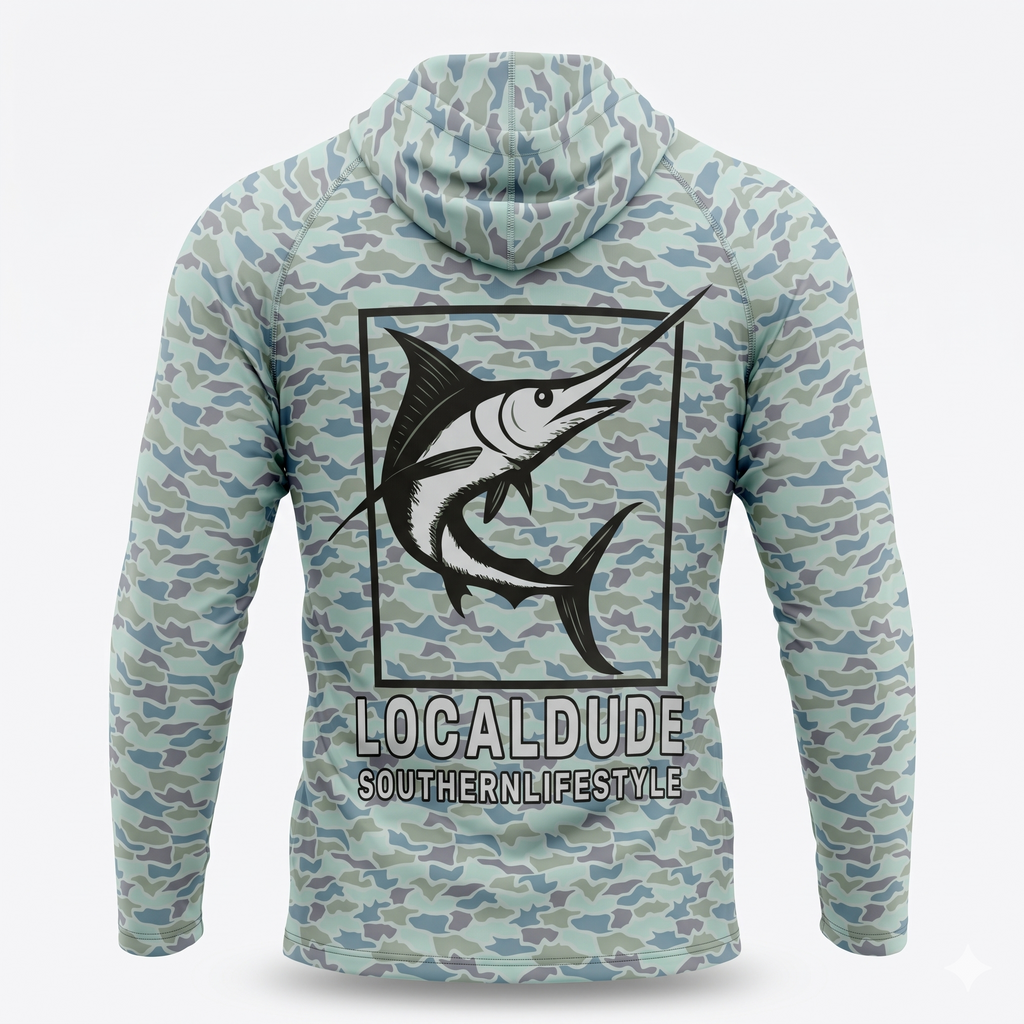 Preformance Camo Blue Hoodie Long Sleeve Printed, Myrtle beach- Fish