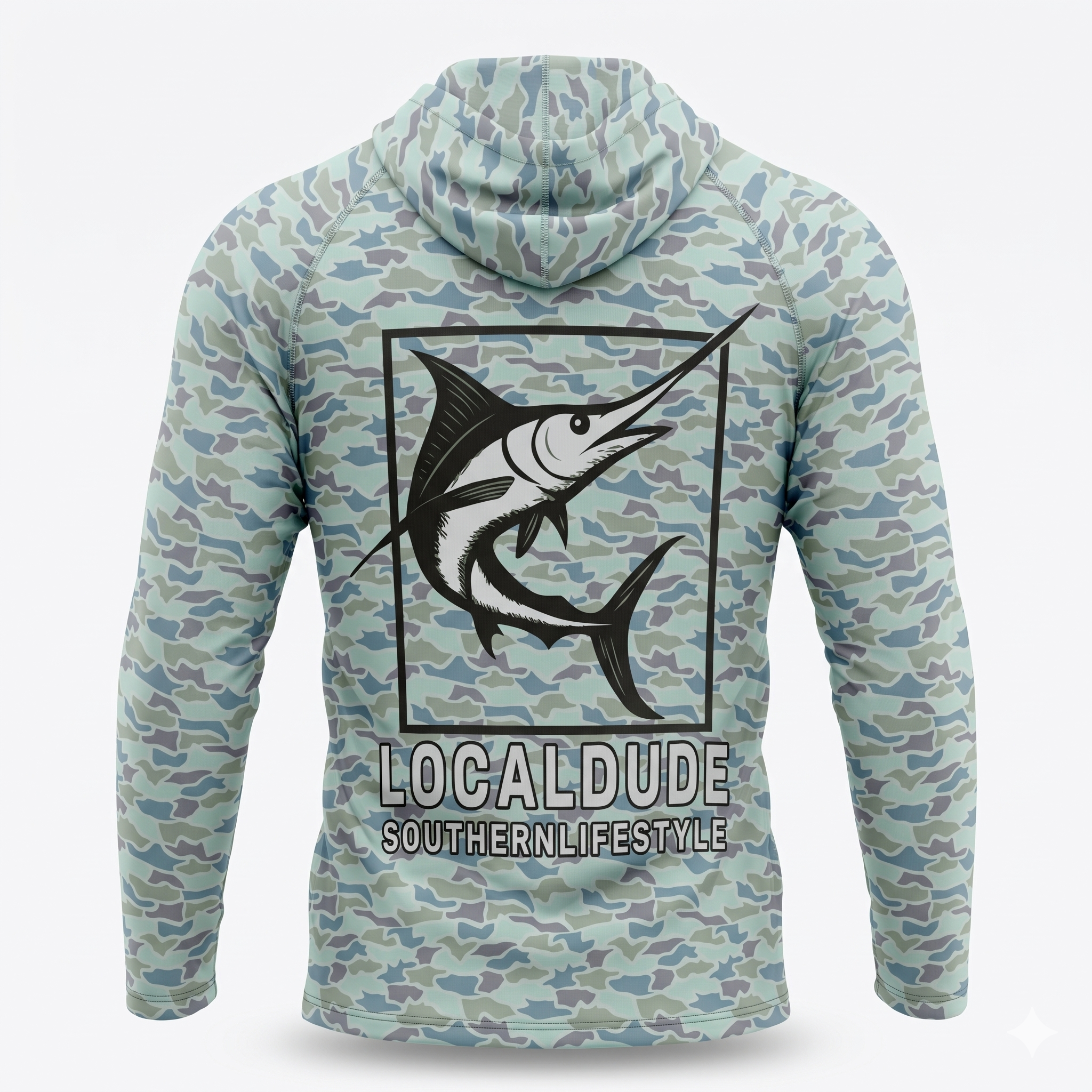 Preformance Camo Blue Hoodie Long Sleeve Printed, Myrtle beach- Fish