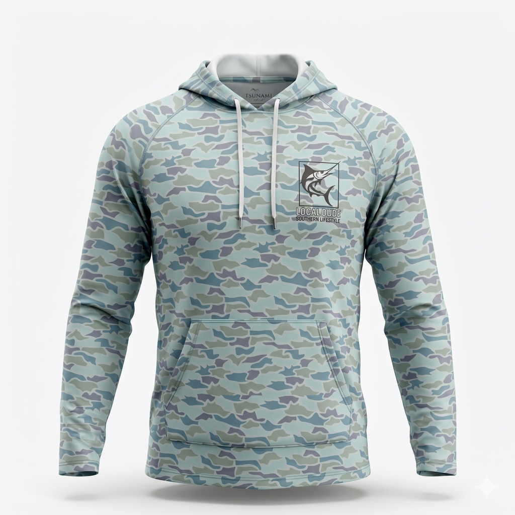 Preformance Camo Blue Hoodie Long Sleeve Printed, Myrtle beach- Fish