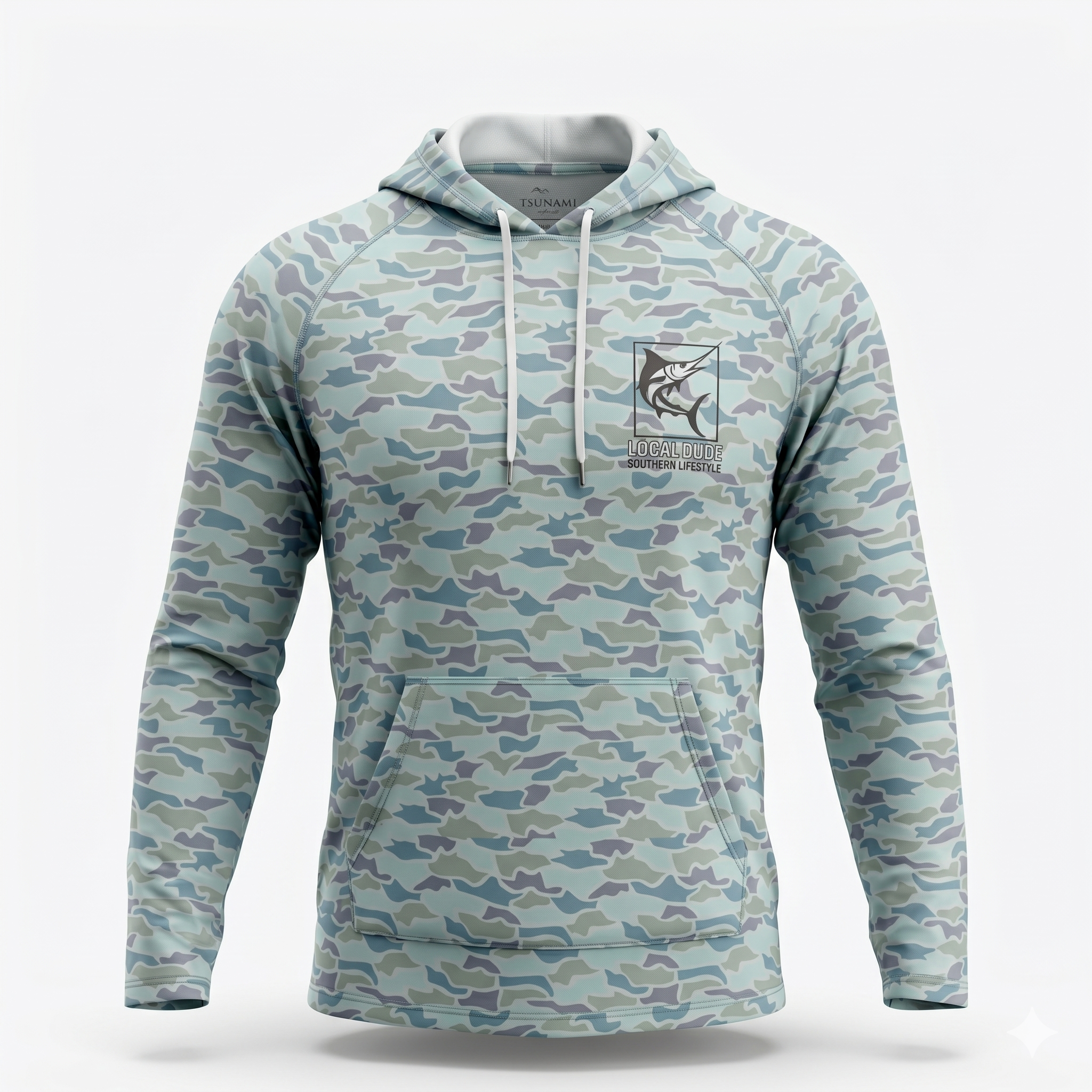 Preformance Camo Blue Hoodie Long Sleeve Printed, Myrtle beach- Fish