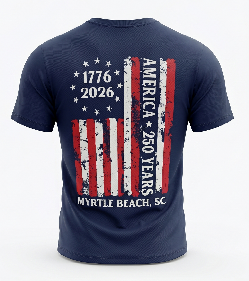 Navy Printed Solid AK T-Shirt Myrtle Beach , 1776 Flag -USA
