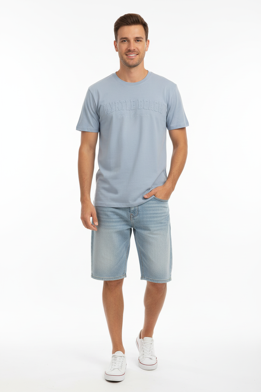 Sky Blue Embroidery Garment Dye T-Shirt Myrtle Beach Applique