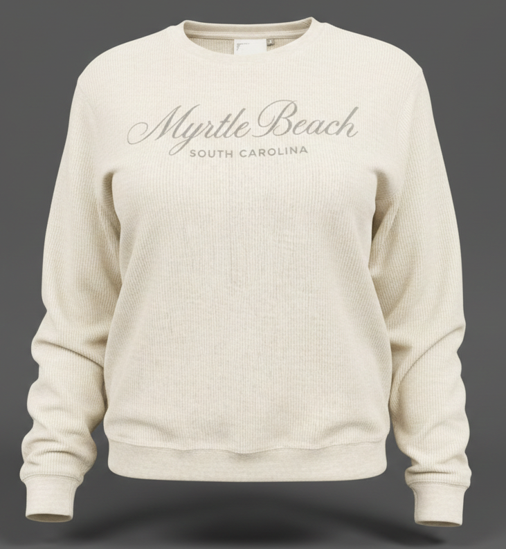 Cream Corduroy Crewneck Sweatshirt Embroidery Front ,Myrtle Beach