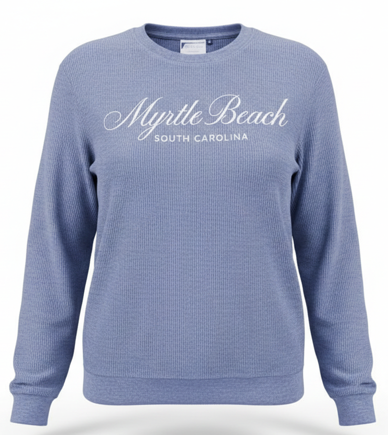 Blue Denim Corduroy Crewneck Sweatshirt Embroidery Front ,Myrtle Beach