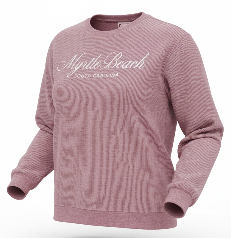Rose Pink Corduroy Crewneck Sweatshirt Embroidery Front ,Myrtle Beach