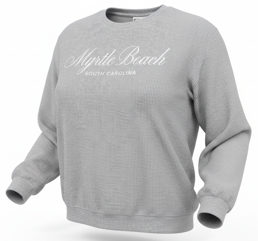 Silver Corduroy Crewneck Sweatshirt Embroidery Front ,Myrtle Beach