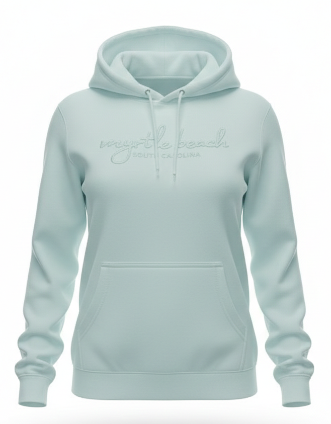 Light Green Embroidery Garment Dye Pullover Hoodie Cursive Front Myrtle Beach