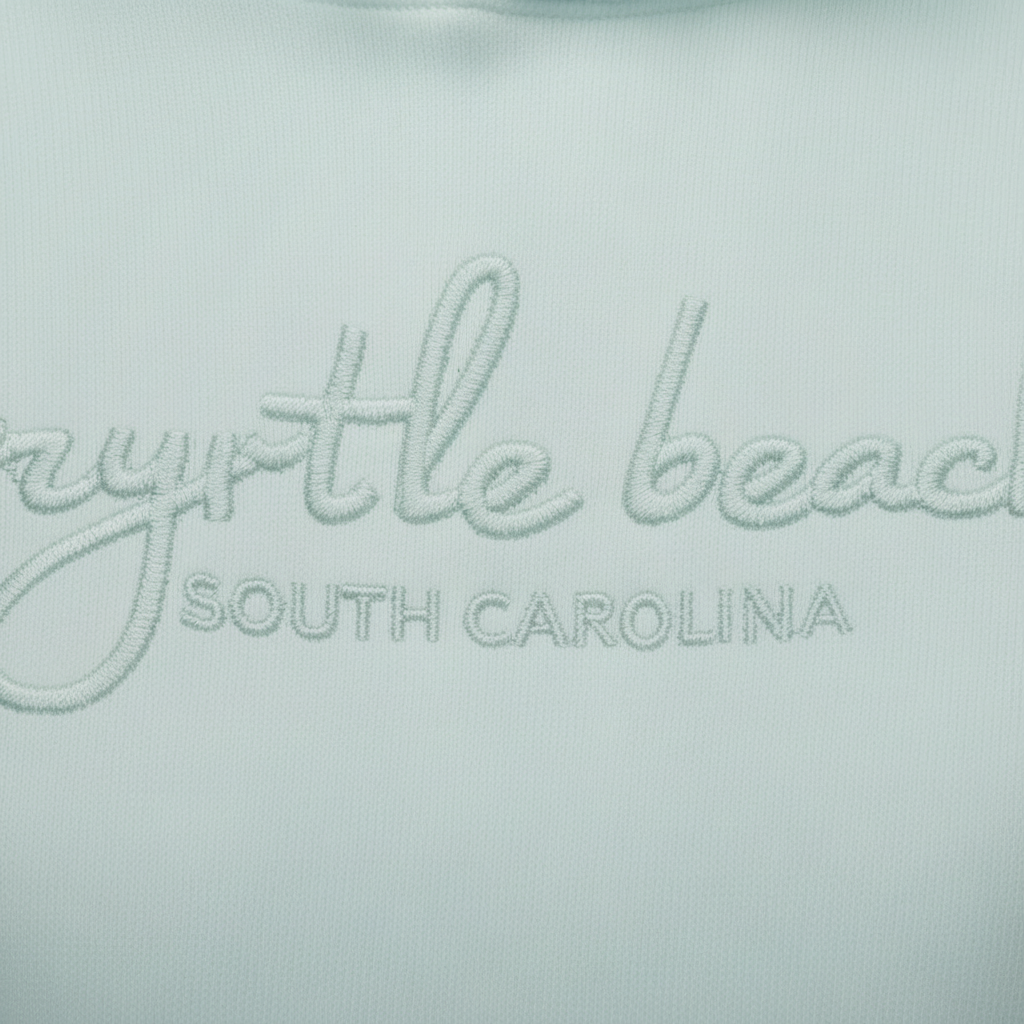 Light Green Embroidery Garment Dye Pullover Hoodie Cursive Front Myrtle Beach