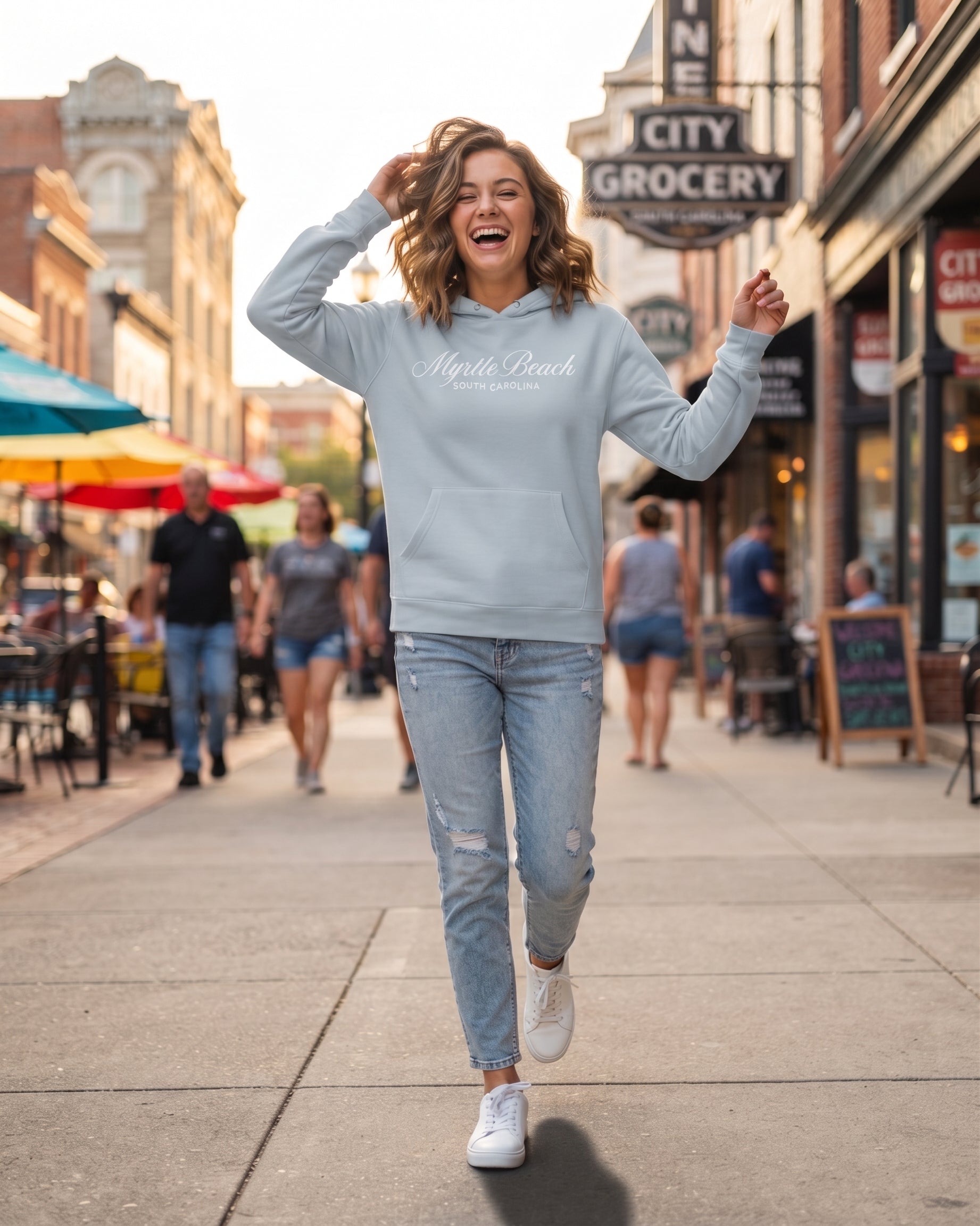 Light Blue Scuba Hoodie Embroidery Tone On Tone Front ,Myrtle Beach