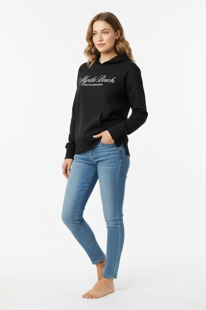 Black hoodie front-right angle with hand in pocket
