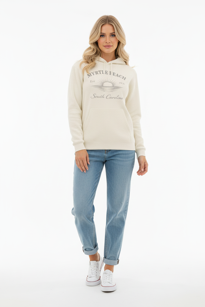 Blonde female model in cream Myrtle Beach hoodie full-length