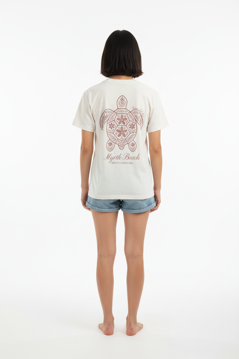 Cream t-shirt with turtle print on model