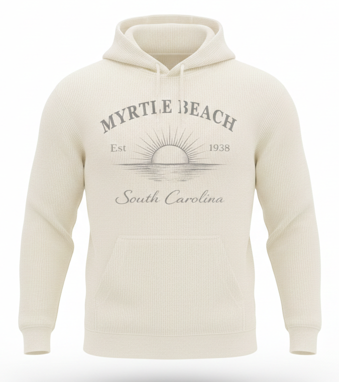 Cream Corduroy Hoodie Sweatshirt Embroidery Front ,Myrtle Beach
