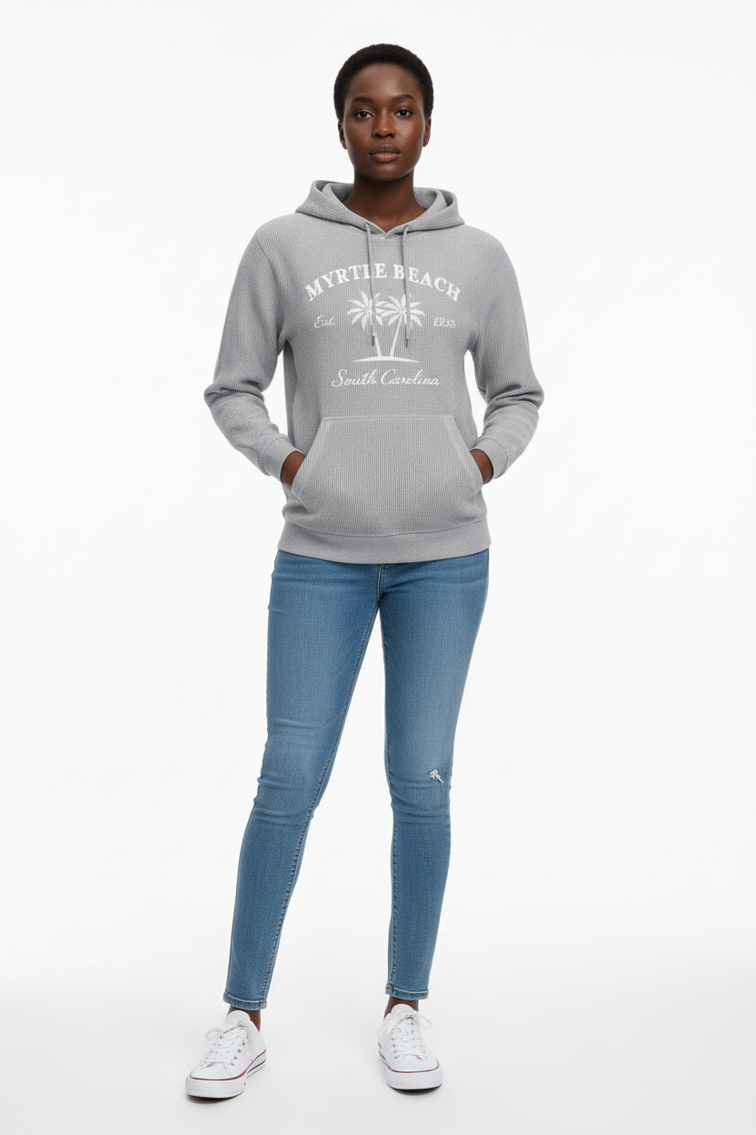 Dark skin female model in Myrtle Beach hoodie full-length