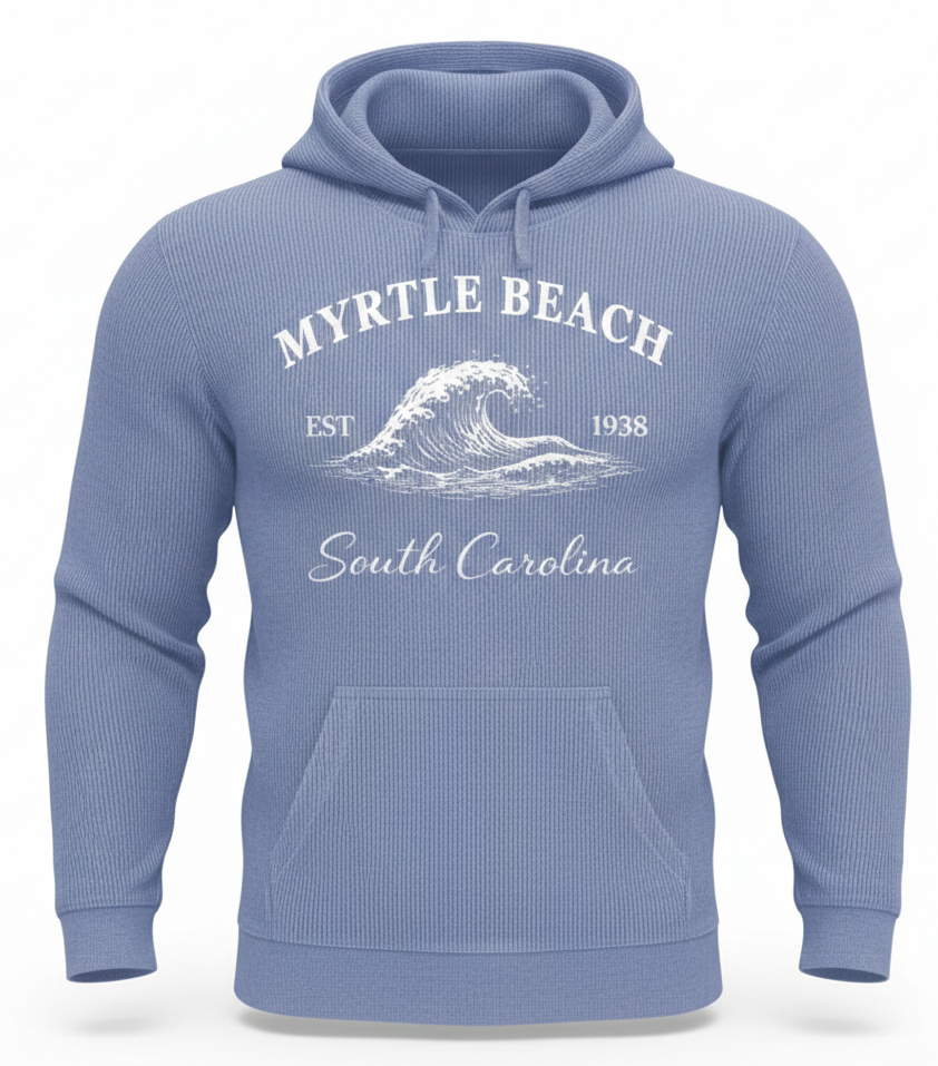 Blue Denim Corduroy Hoodie Sweatshirt Embroidery Front ,Myrtle Beach