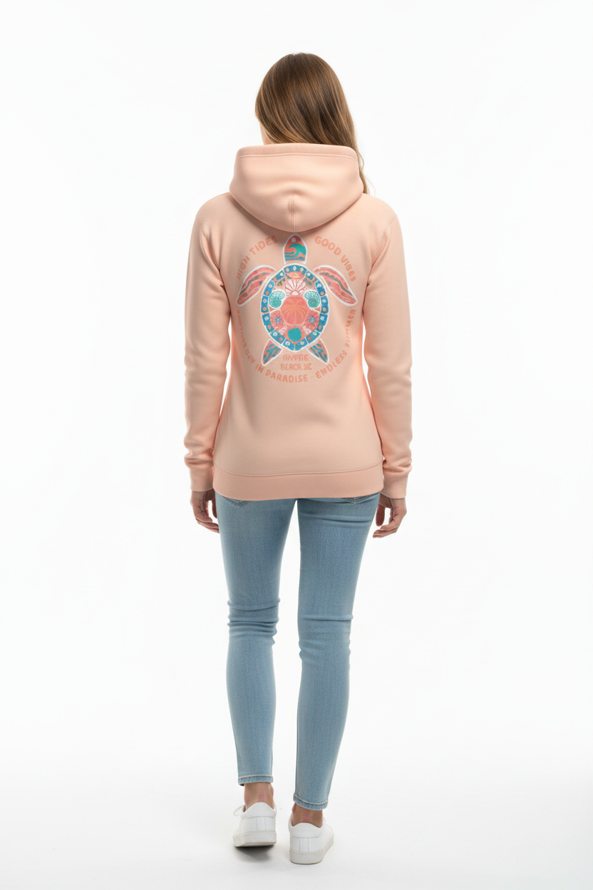 Female model back view wearing apricot sea turtle hoodie