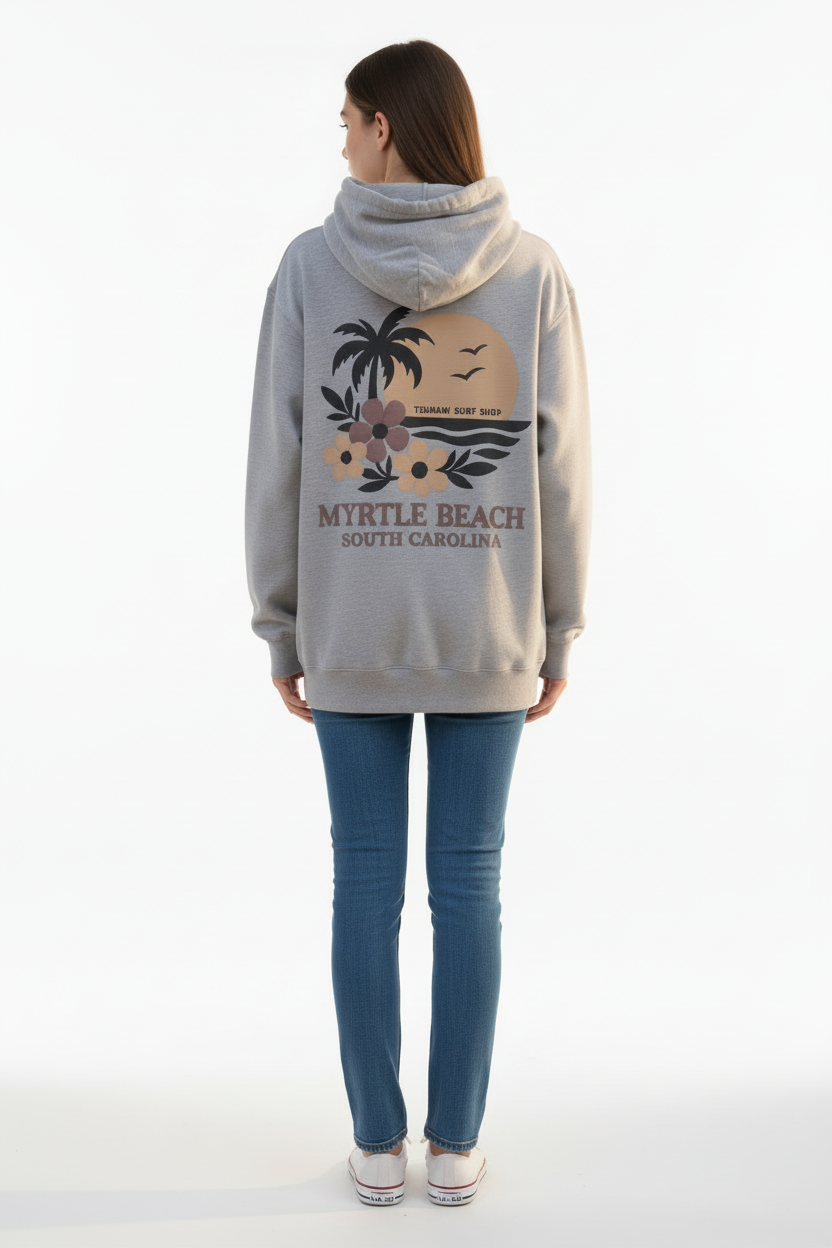 Female model back view wearing gray hoodie with denim jeans