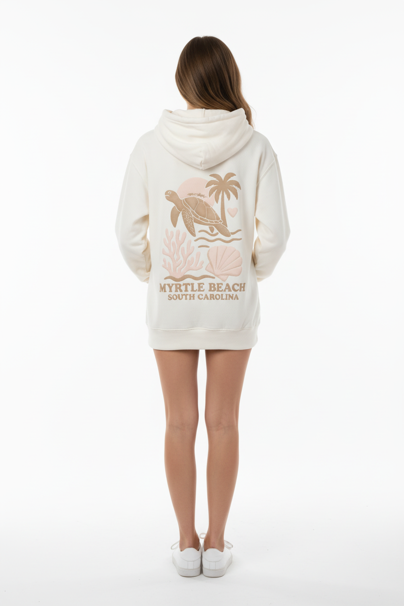 Female model back view wearing Myrtle Beach hoodie