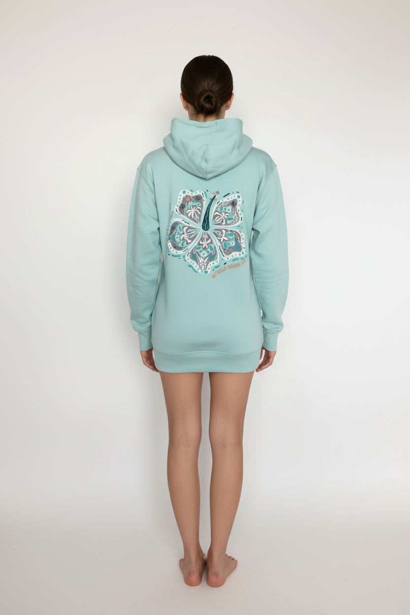 Female model back view wearing pastel turquoise hibiscus hoodie