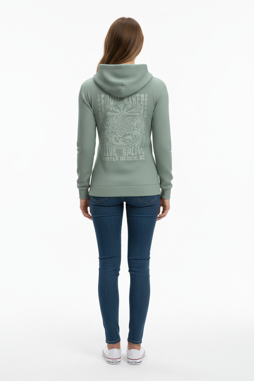 Female model back view wearing sage green embossed hoodie