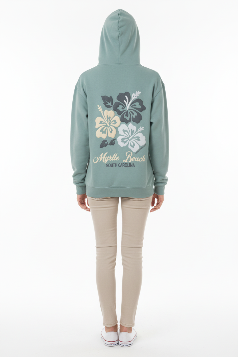 Female model back view wearing seafoam green hibiscus hoodie