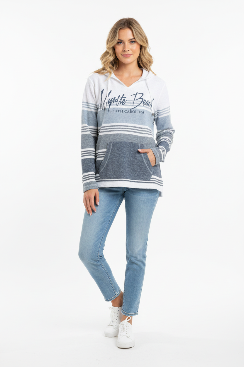 Female model front view wearing striped Myrtle Beach hoodie