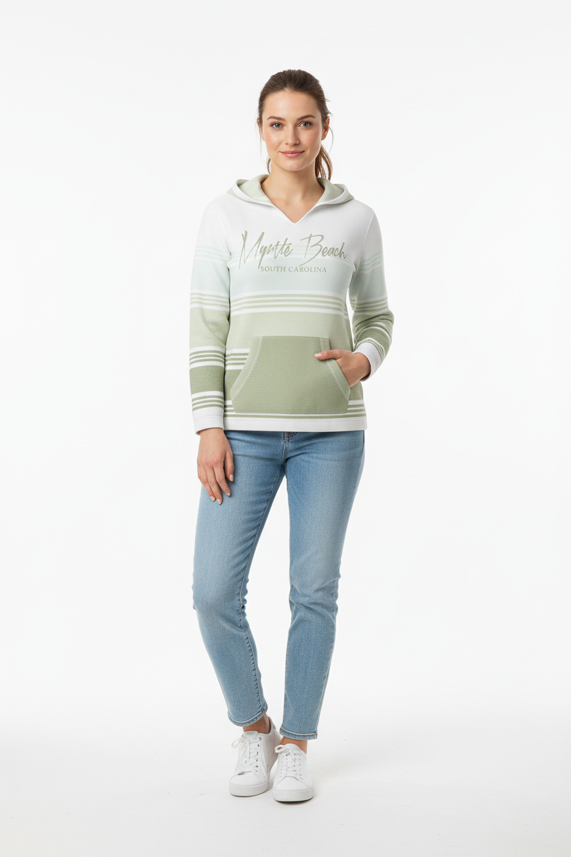 Female model front view wearing striped Myrtle Beach hoodie